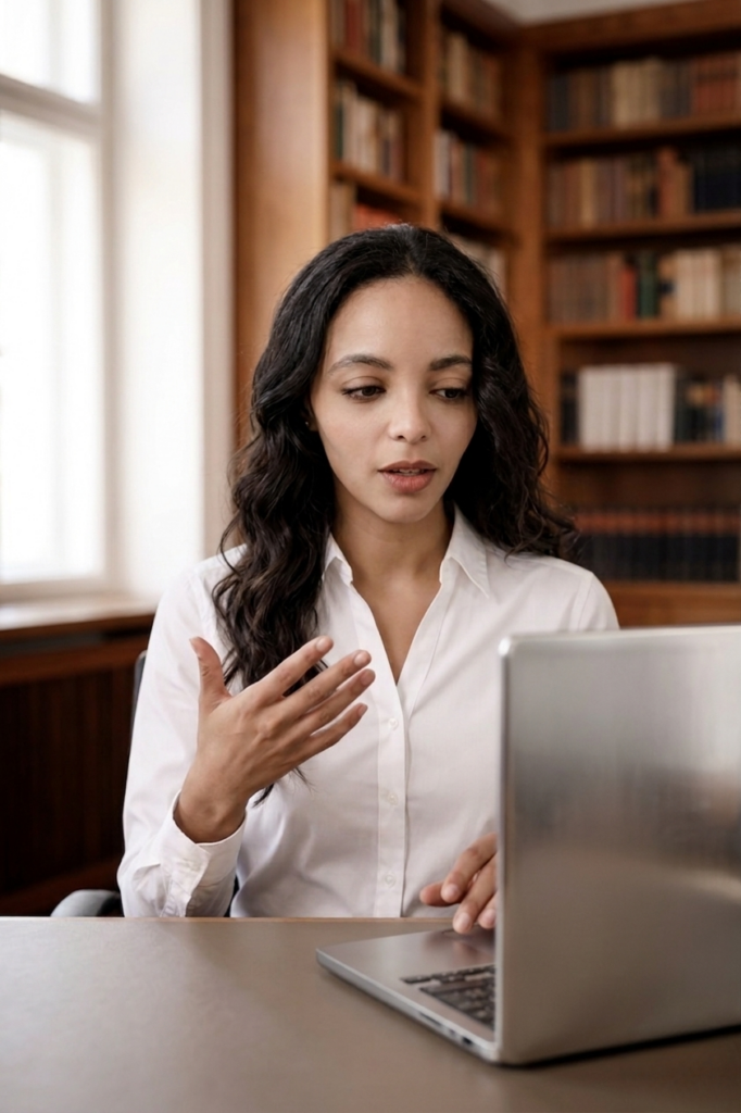 Suzan Oevermann während einer Online-Session am Laptop, gestikulierend im Unterricht, mit weißer Bluse vor unscharfem Bücherregal