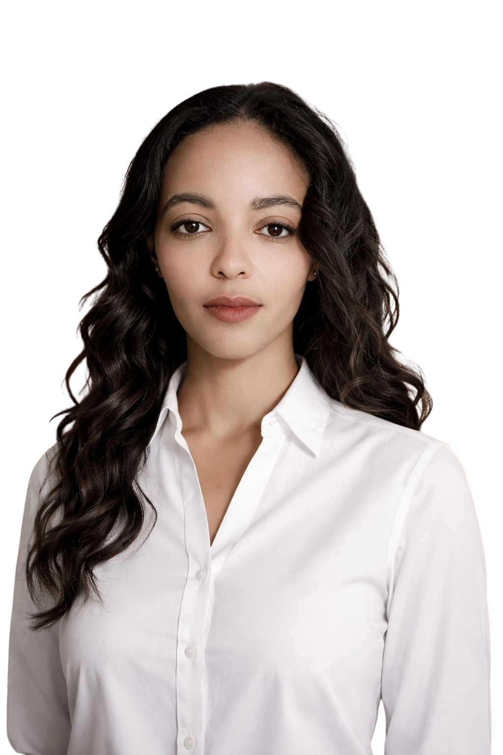 Suzan Oevermann, Business-English-Trainerin aus Frankfurt am Main, in weißer Bluse. Sie hat dunkle Haare und blickt direkt in die Kamera – professionelles Profilfoto.